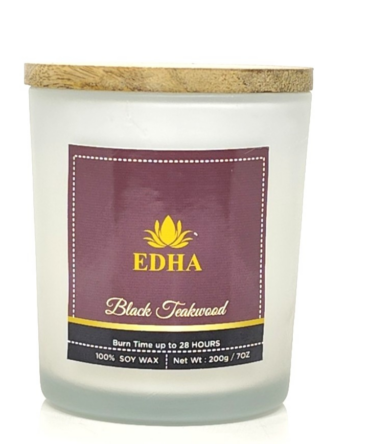 Black Teakwood Glass Jar Candle | 100% Natural Soy Wax | 200g / 7Oz