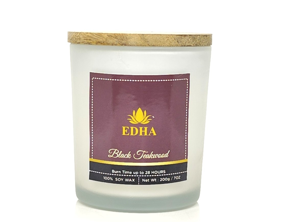 Black Teakwood Glass Jar Candle | 100% Natural Soy Wax | 200g / 7Oz